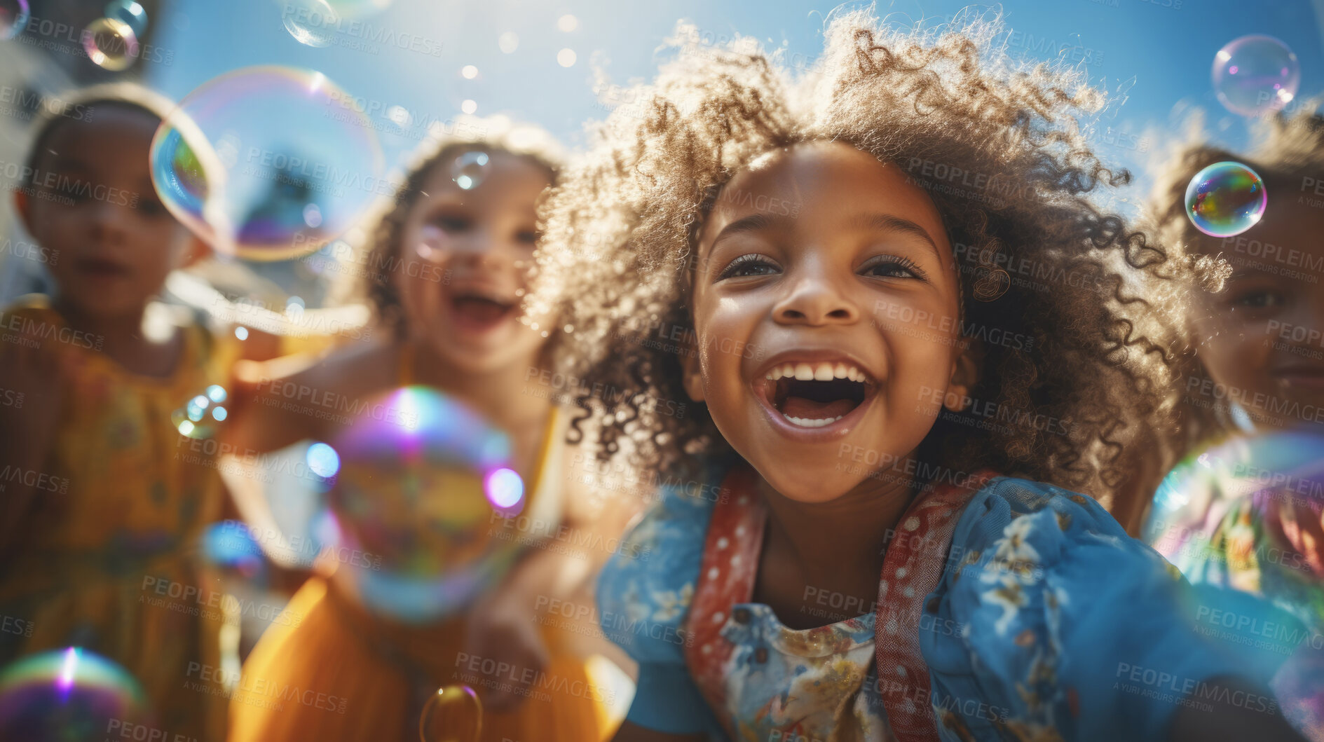 Buy stock photo Group of diverse kids with bubbles. Exciting outdoor weekend fun activity