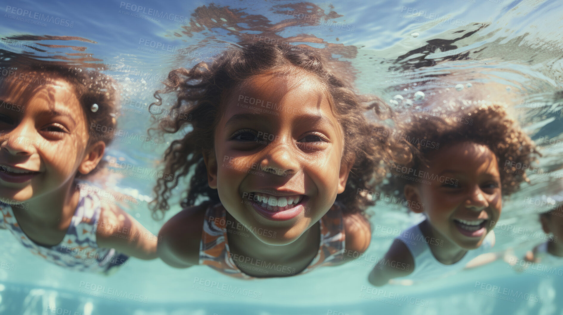 Buy stock photo Group of diverse kids in swimming pool. Safe holiday fun activity