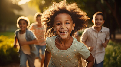 Buy stock photo Group of diverse kids running in a park. Exciting outdoor fun activity