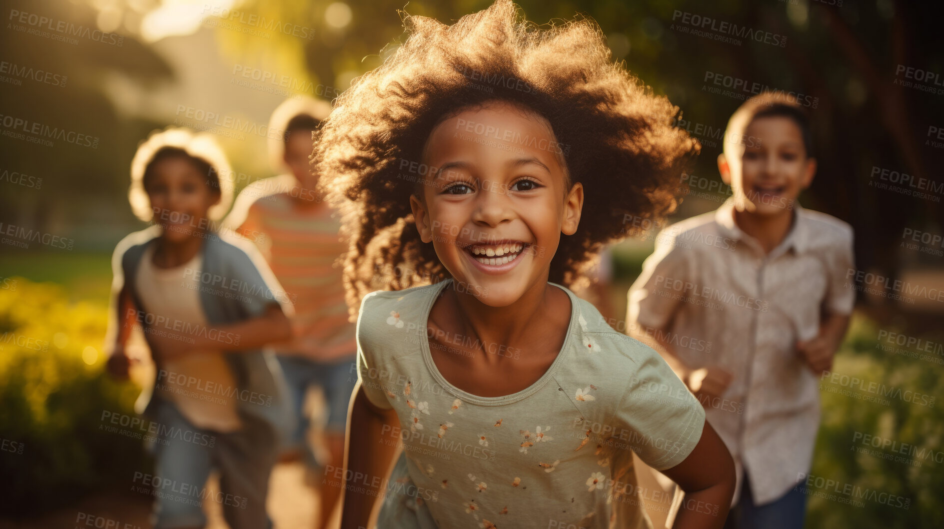 Buy stock photo Group of diverse kids running in a park. Exciting outdoor fun activity