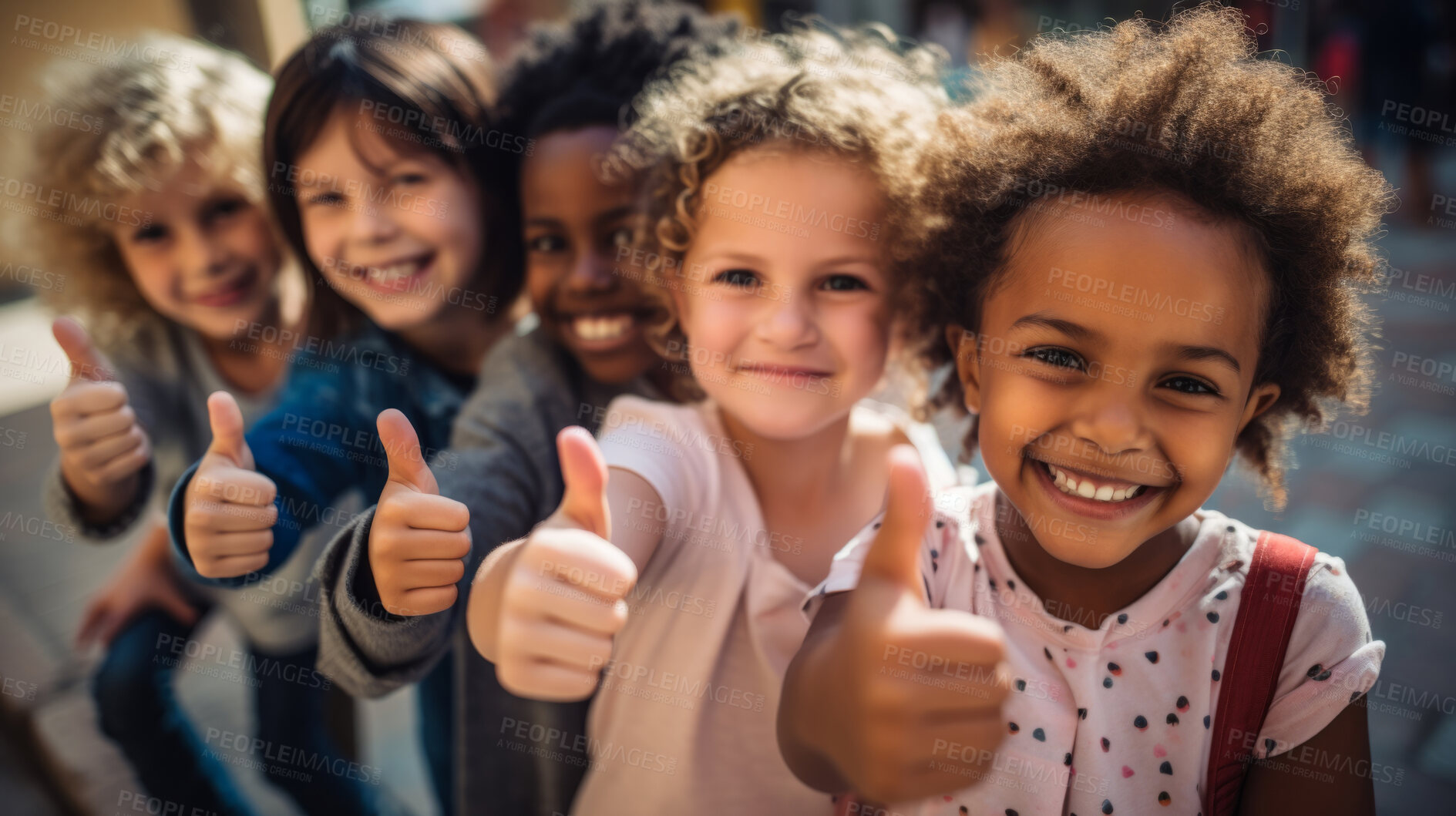 Buy stock photo Group of kids showing thumbs up. Happy, healthy and positive children