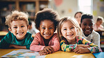 Group of diverse kids in classroom. Positive happy education