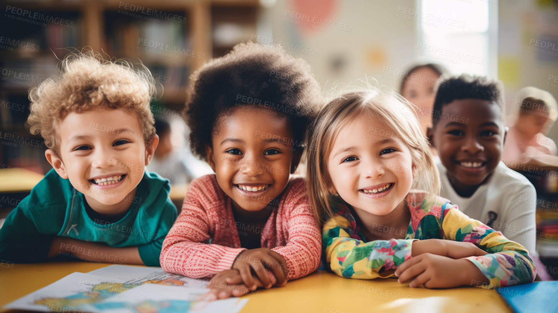 Buy stock photo Group of diverse kids in classroom. Positive happy education