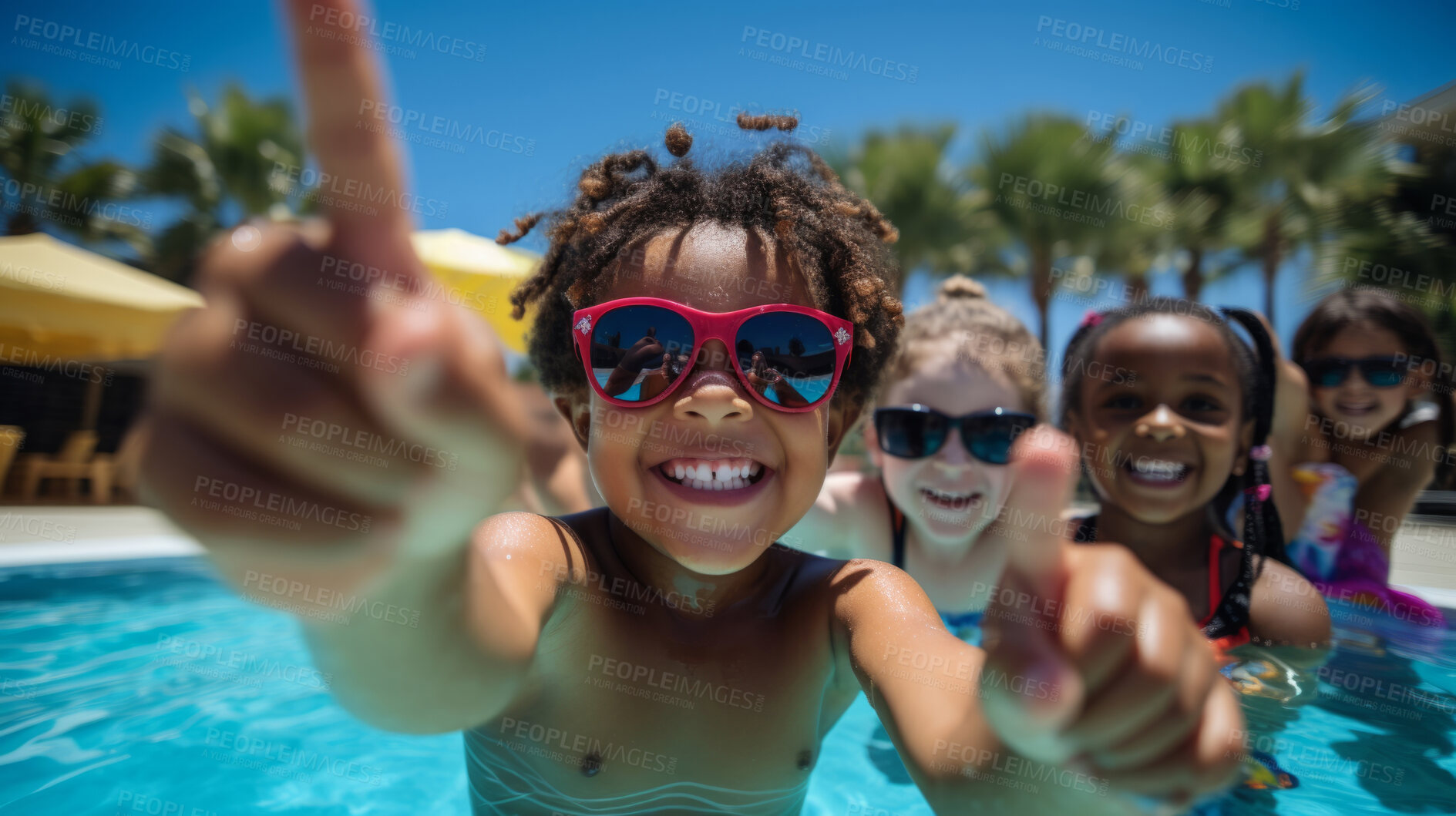 Buy stock photo Group of diverse kids in swimming pool. Safe holiday fun activity