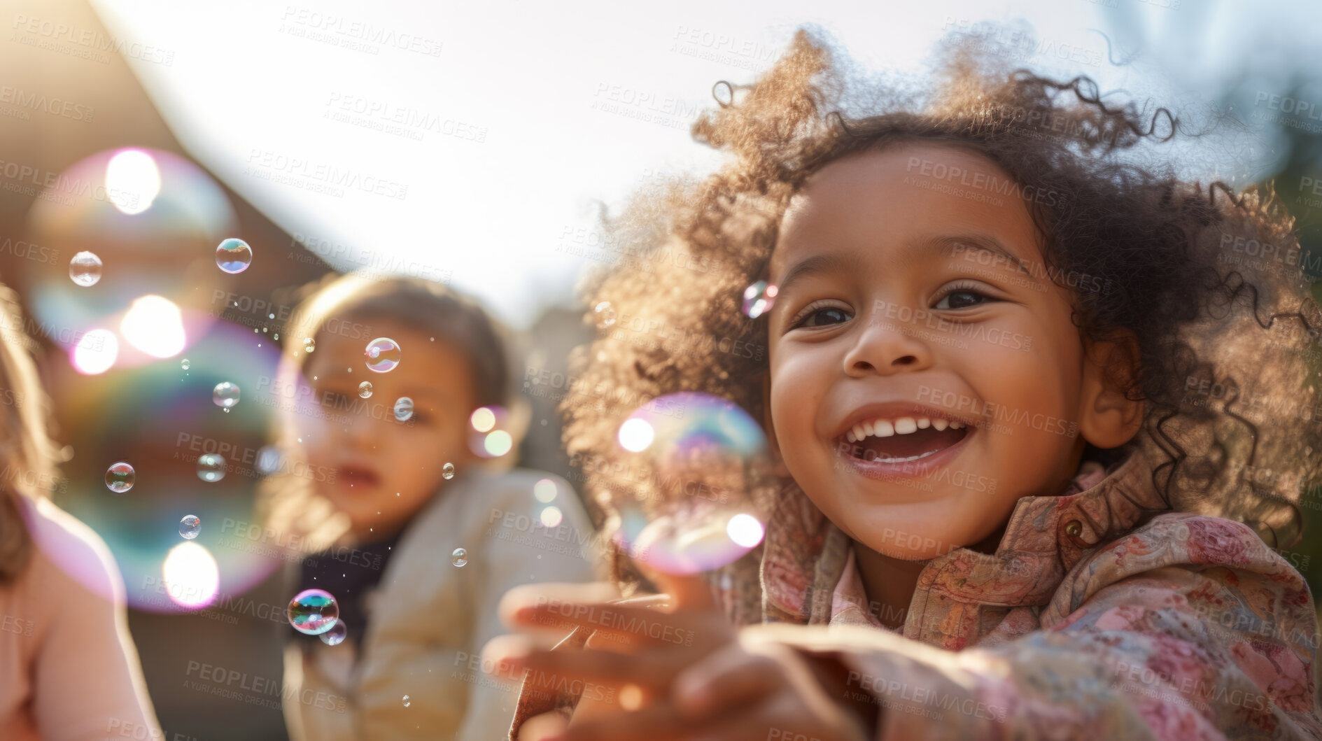 Buy stock photo Group of diverse kids with bubbles. Exciting outdoor weekend fun activity