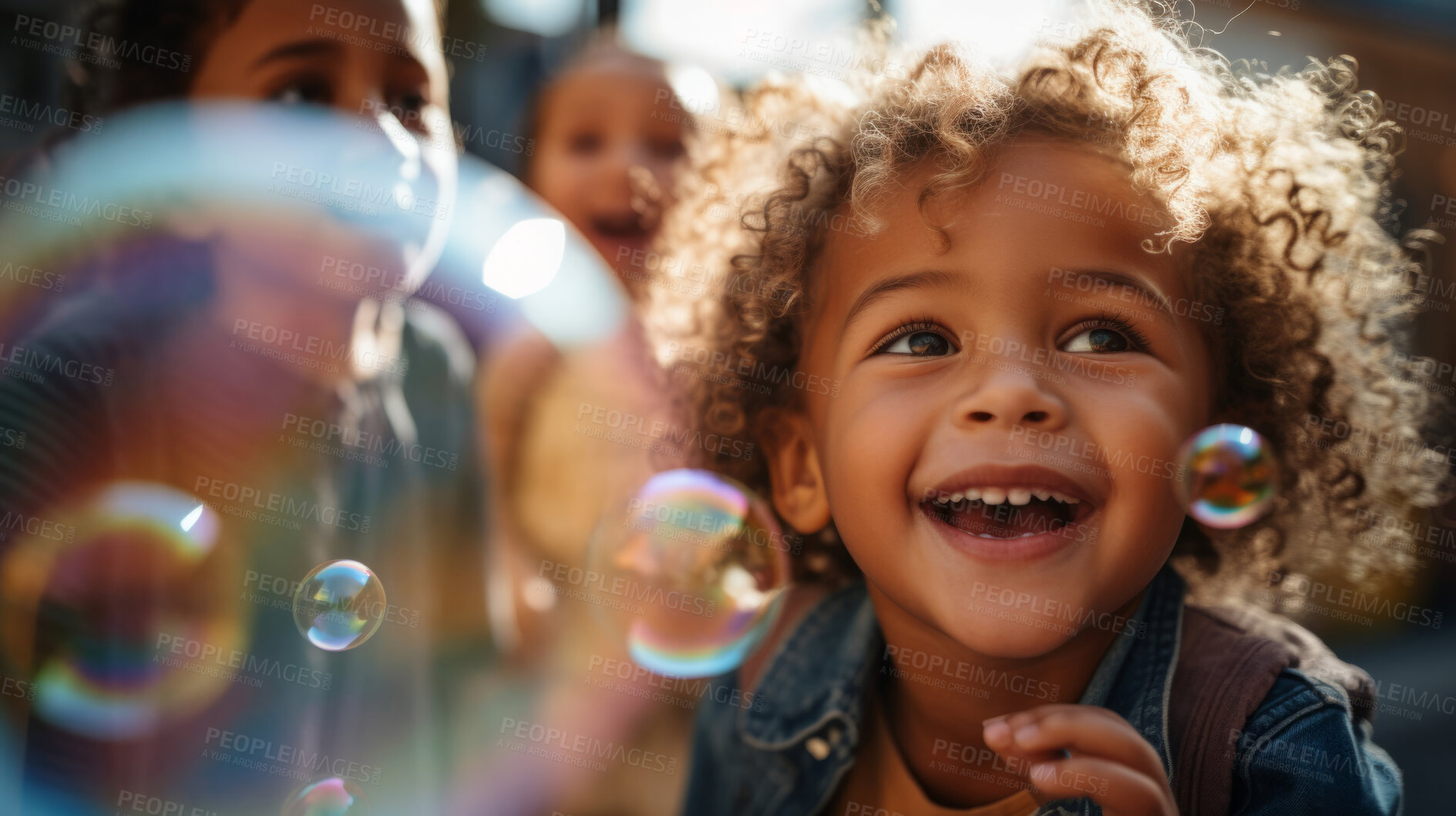 Buy stock photo Group of diverse kids with bubbles. Exciting outdoor weekend fun activity