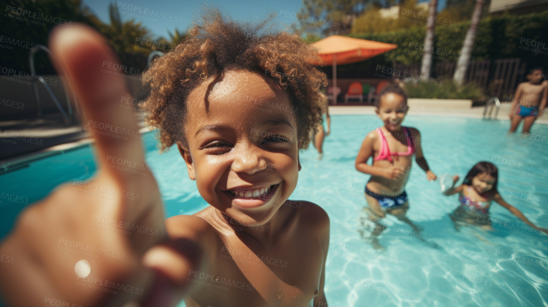 Buy stock photo Group of diverse kids in swimming pool. Safe holiday fun activity