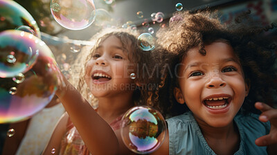 Buy stock photo Group of diverse kids with bubbles. Exciting outdoor weekend fun activity