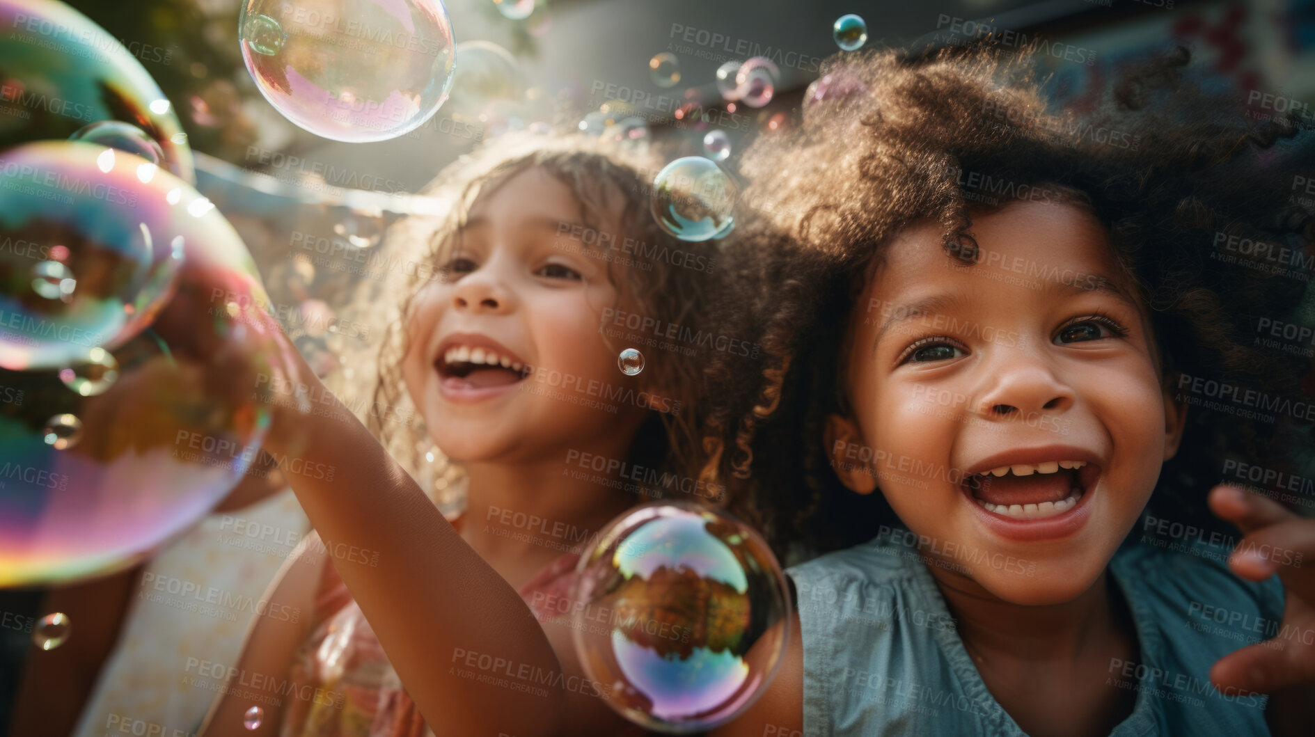 Buy stock photo Group of diverse kids with bubbles. Exciting outdoor weekend fun activity