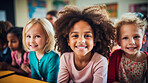 Group of diverse kids in classroom. Positive happy education