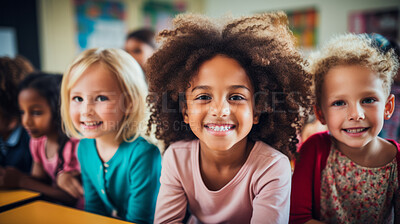 Group of diverse kids in classroom. Positive happy education