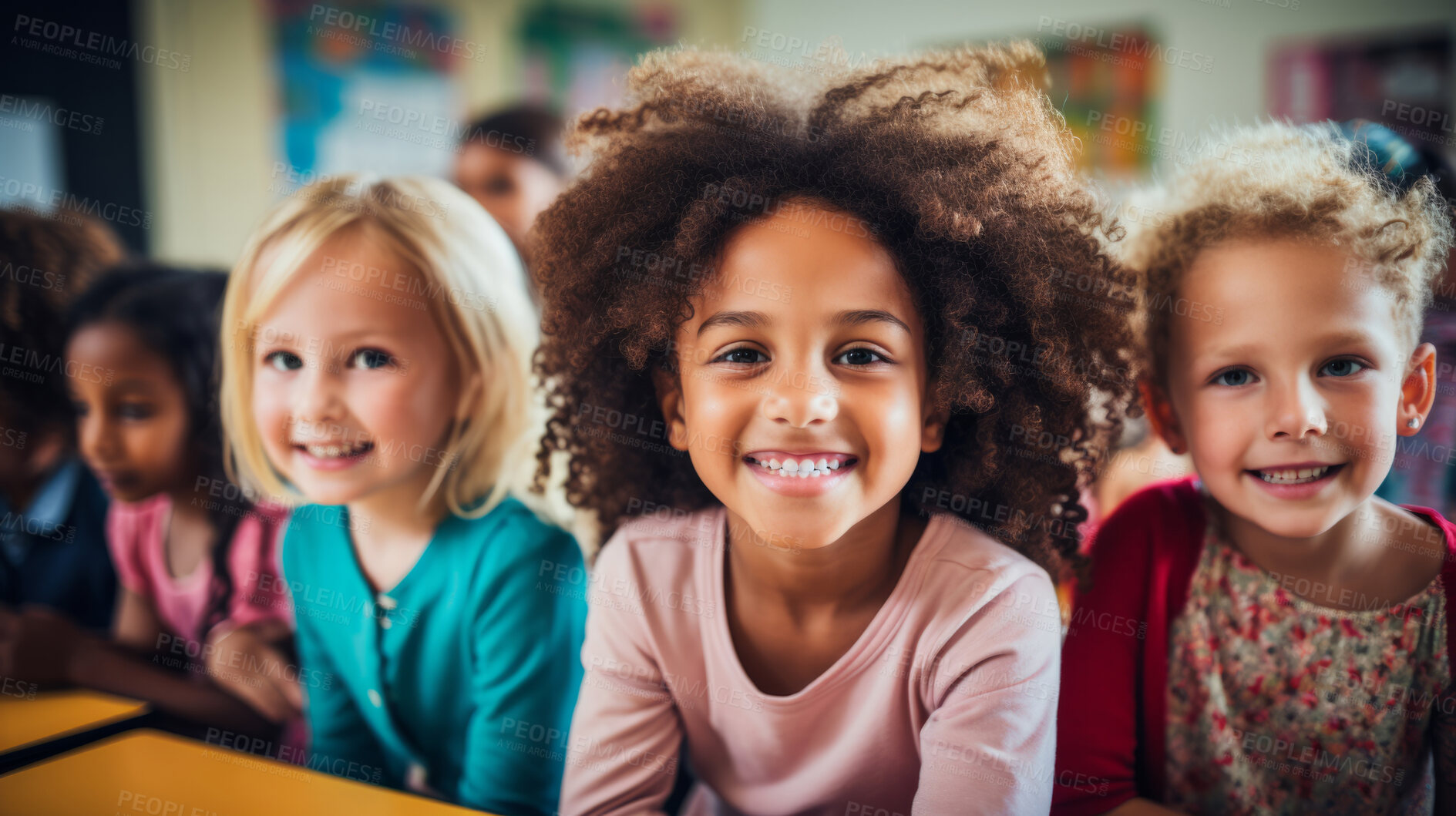 Buy stock photo Group of diverse kids in classroom. Positive happy education