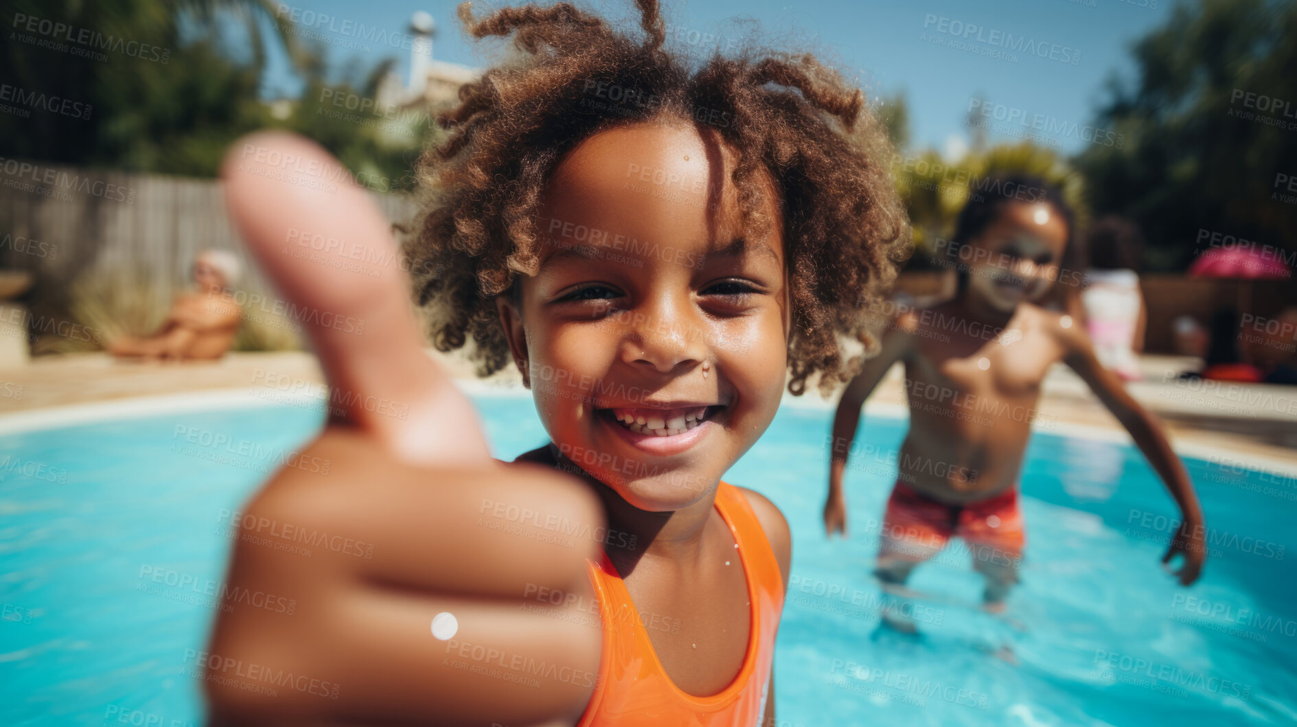 Buy stock photo Group of diverse kids in swimming pool. Safe holiday fun activity