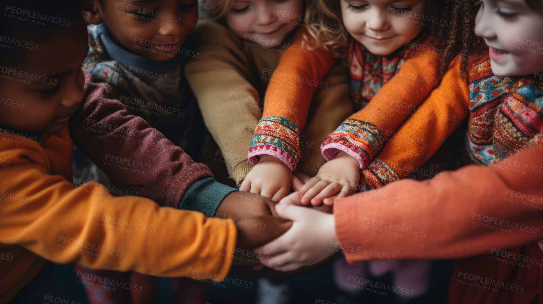 Buy stock photo Group of diverse holding hands. Community support and friendship concept