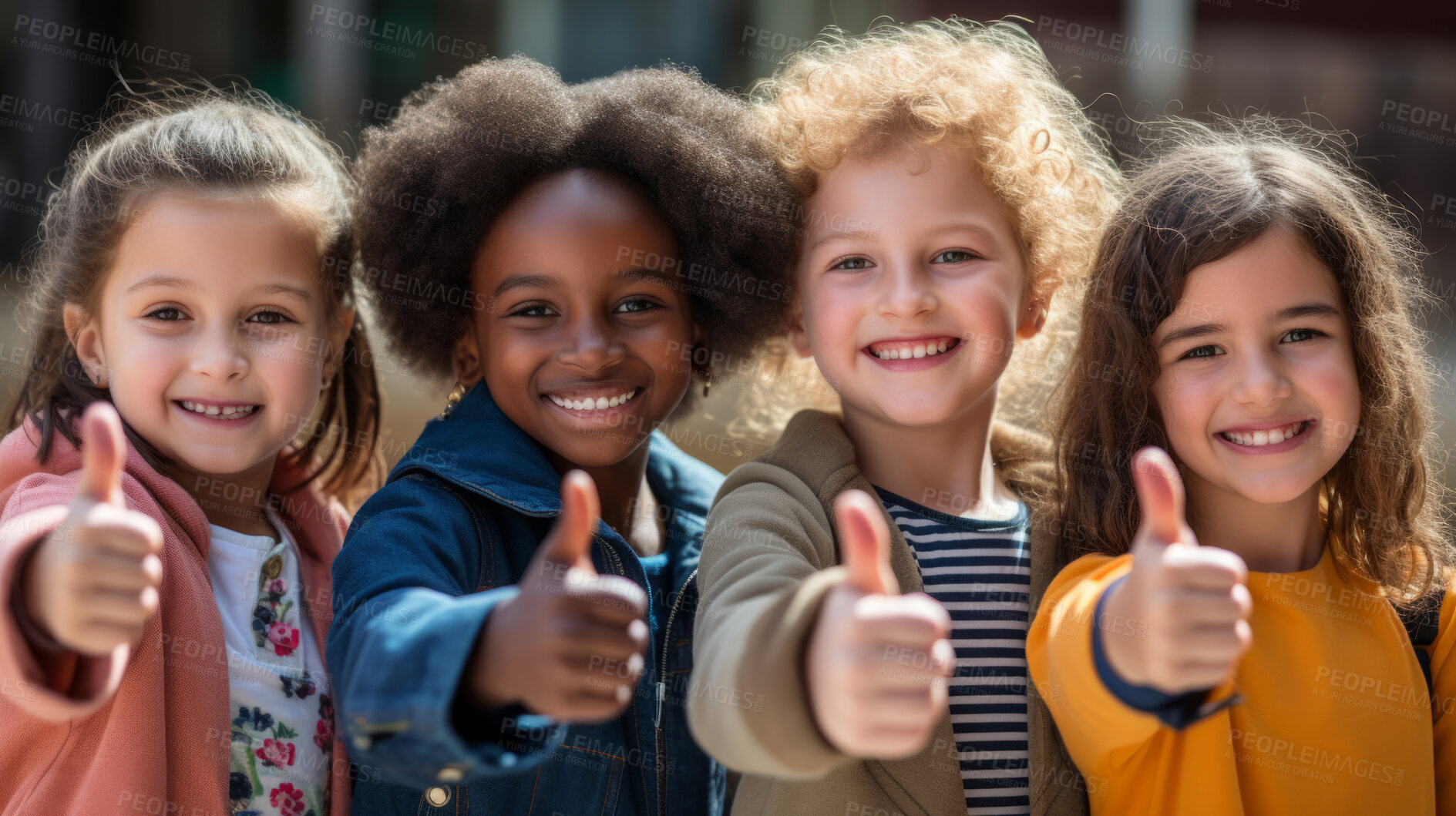 Buy stock photo Group of kids showing thumbs up. Happy, healthy and positive children