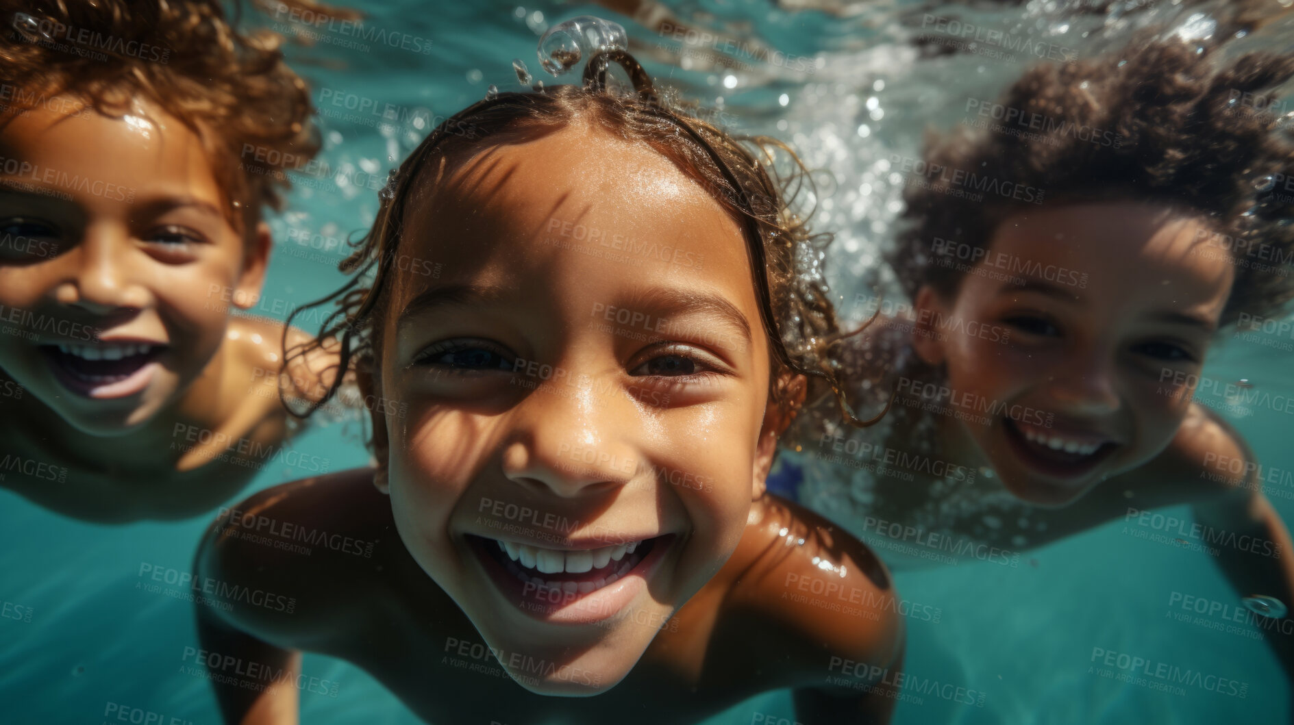 Buy stock photo Group of diverse kids in swimming pool. Safe holiday fun activity