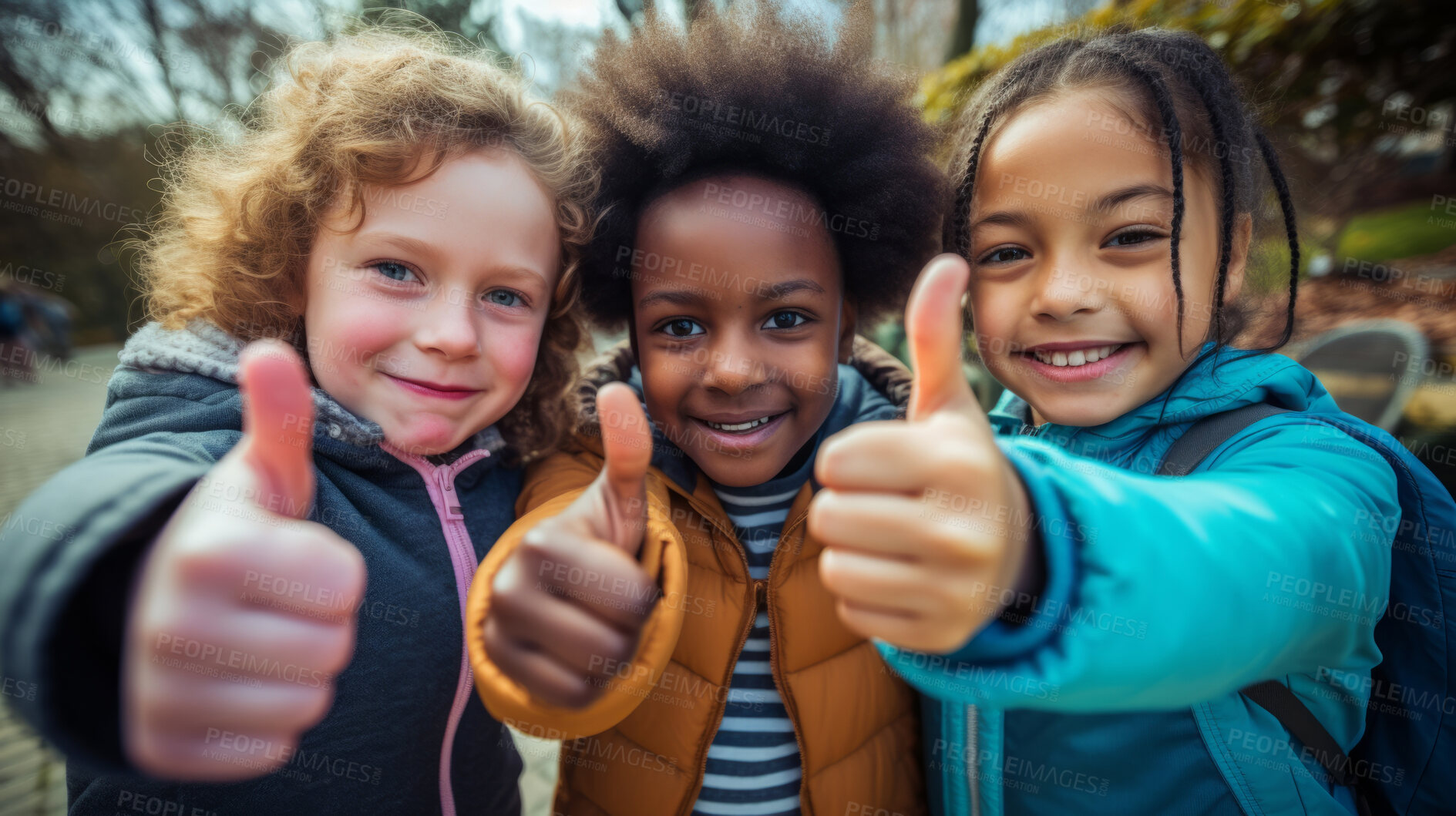 Buy stock photo Group of kids showing thumbs up. Happy, healthy and positive children