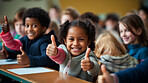 Group of kids in classroom showing thumbs up. Positive happy education