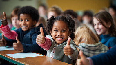 Buy stock photo Group of kids in classroom showing thumbs up. Positive happy education