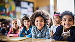 Group of diverse kids in classroom. Positive happy education