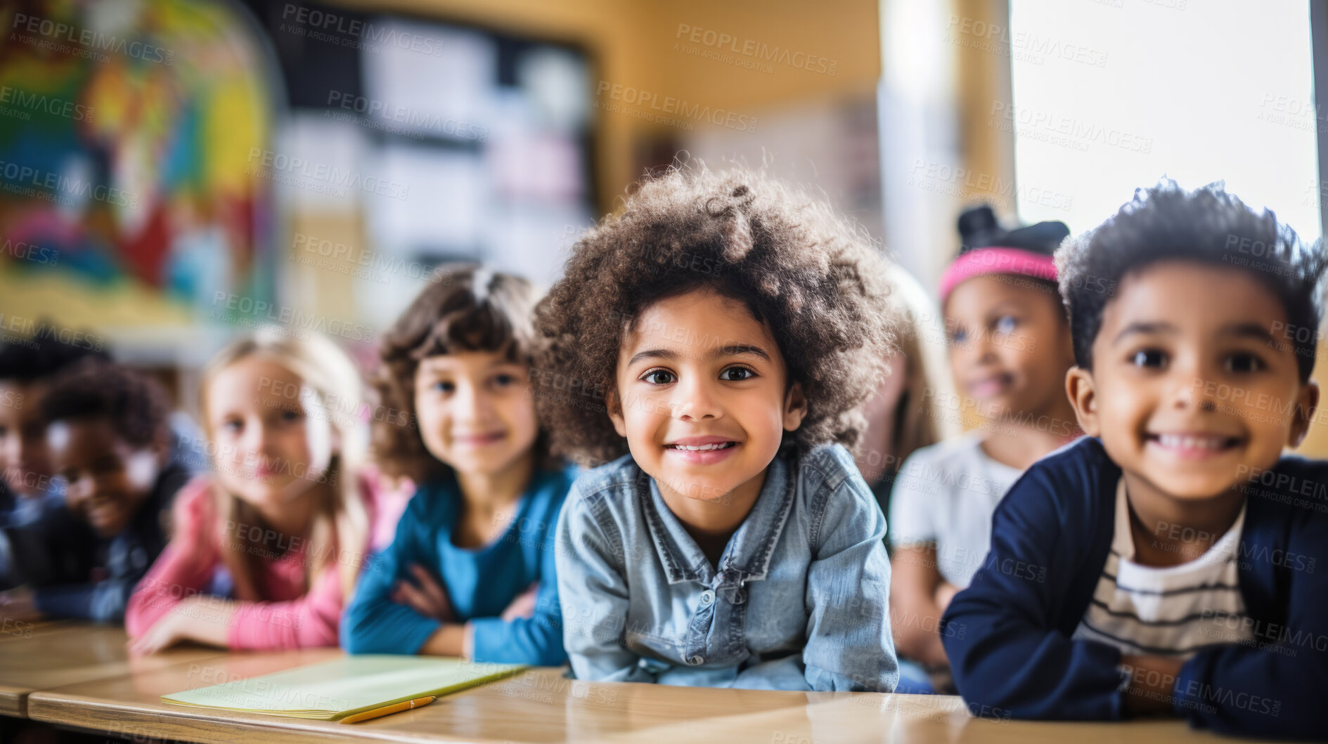 Buy stock photo Group of diverse kids in classroom. Positive happy education