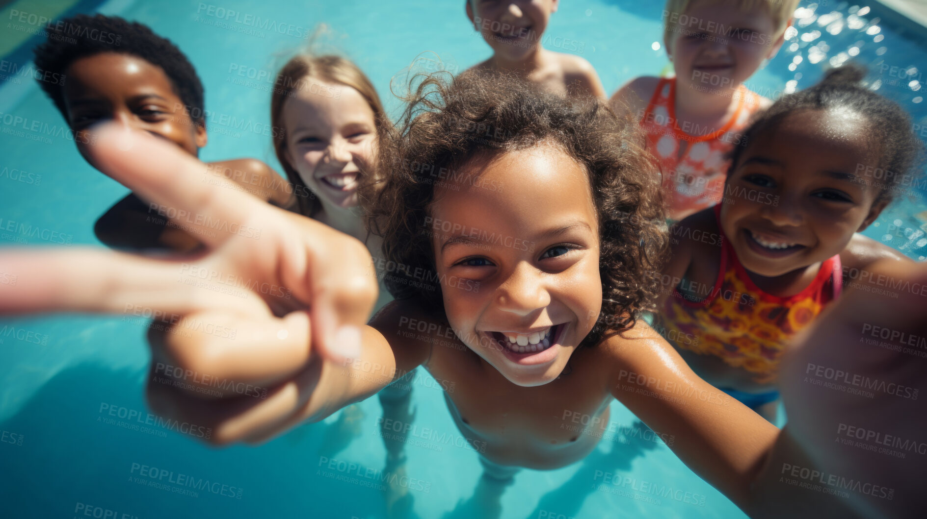 Buy stock photo Group of diverse kids in swimming pool. Safe holiday fun activity