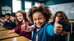 Group of kids in classroom showing thumbs up. Positive happy education