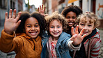 Group of kids waving. Happy and positive children traveling, making friends