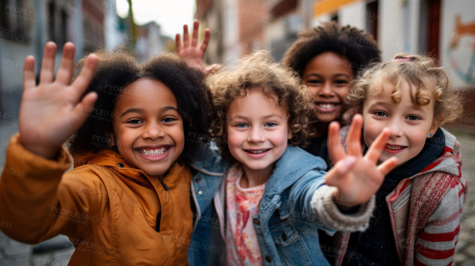 Buy stock photo Group of kids waving. Happy and positive children traveling, making friends