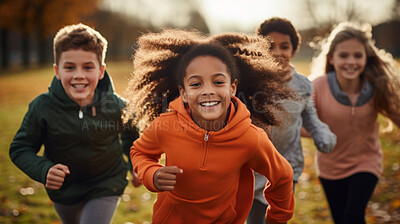 Buy stock photo Group of diverse kids running in a park. Exciting outdoor fun activity