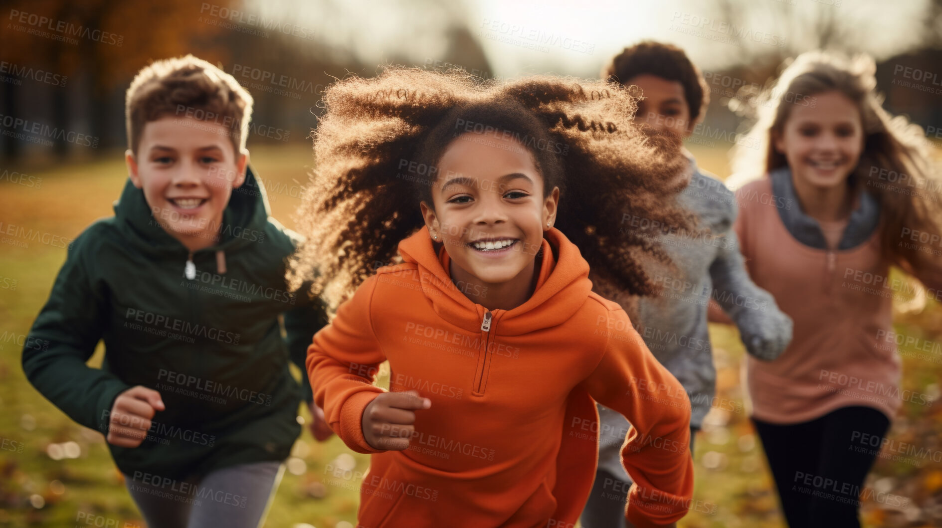 Buy stock photo Group of diverse kids running in a park. Exciting outdoor fun activity