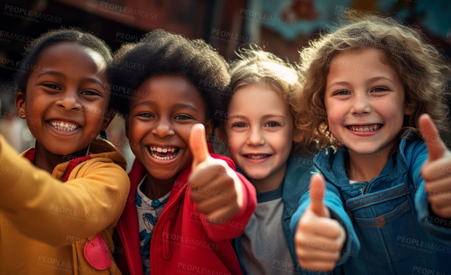 Buy stock photo Group of kids showing thumbs up. Happy, healthy and positive children