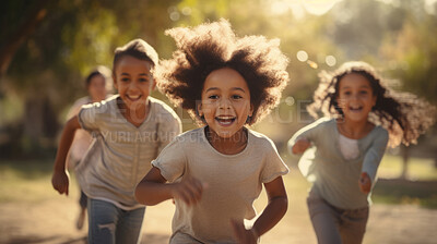 Buy stock photo Group of diverse kids running in a park. Exciting outdoor fun activity