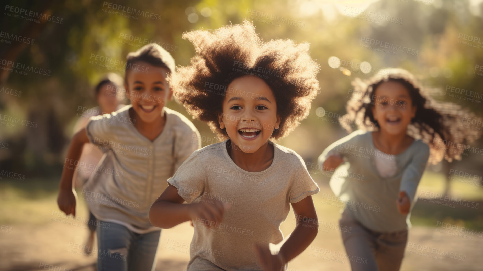 Buy stock photo Group of diverse kids running in a park. Exciting outdoor fun activity