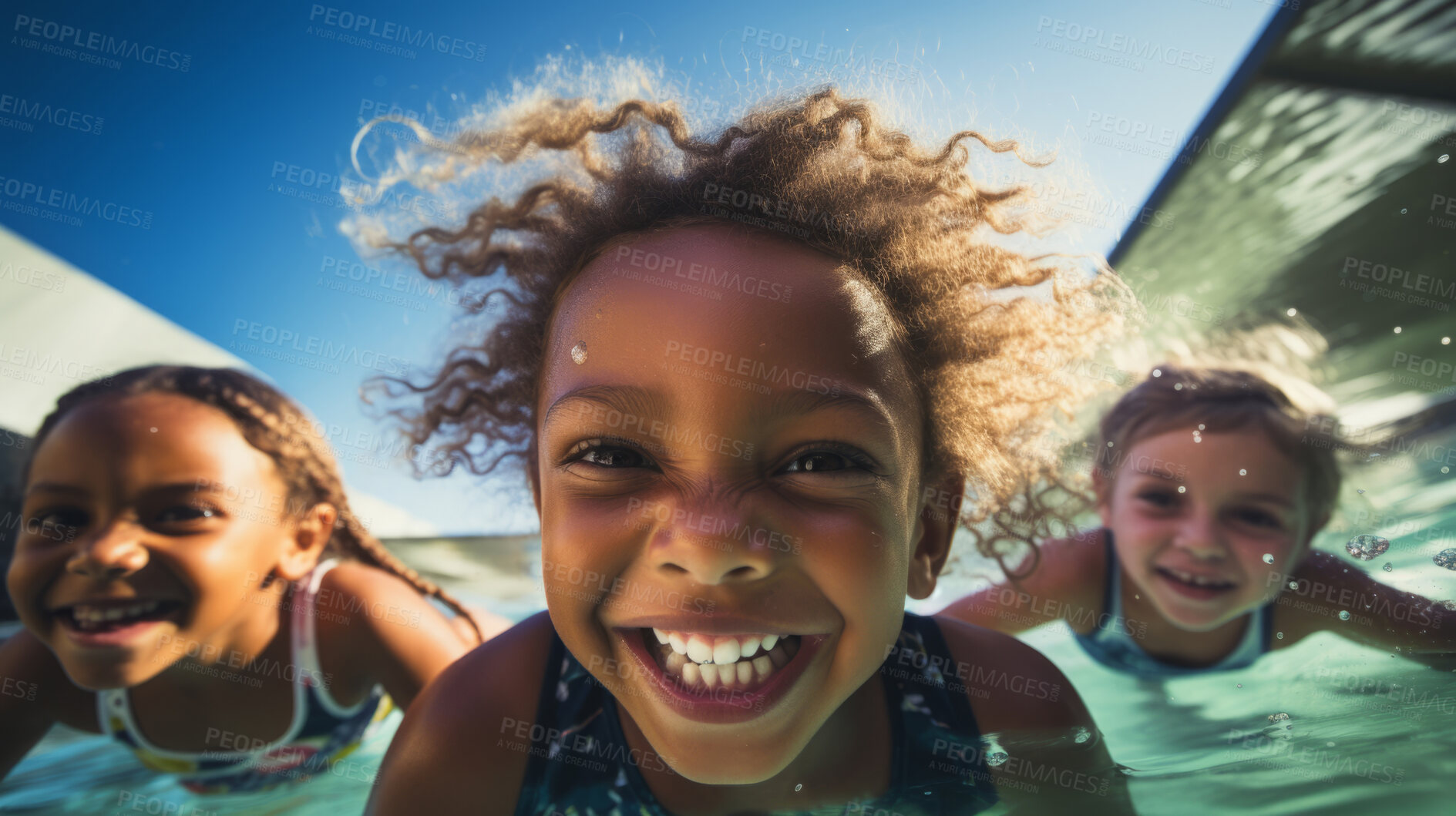 Buy stock photo Group of diverse kids in swimming pool. Safe holiday fun activity