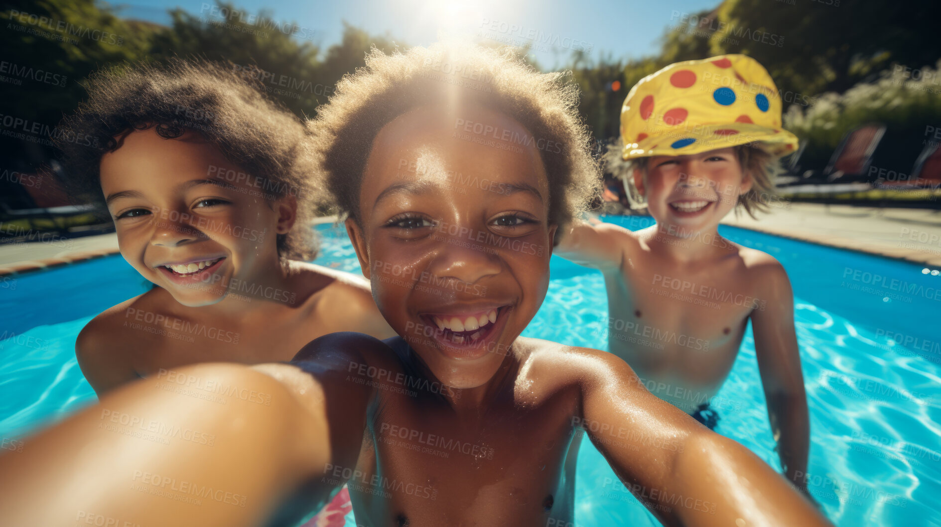 Buy stock photo Group of diverse kids in swimming pool. Safe holiday fun activity