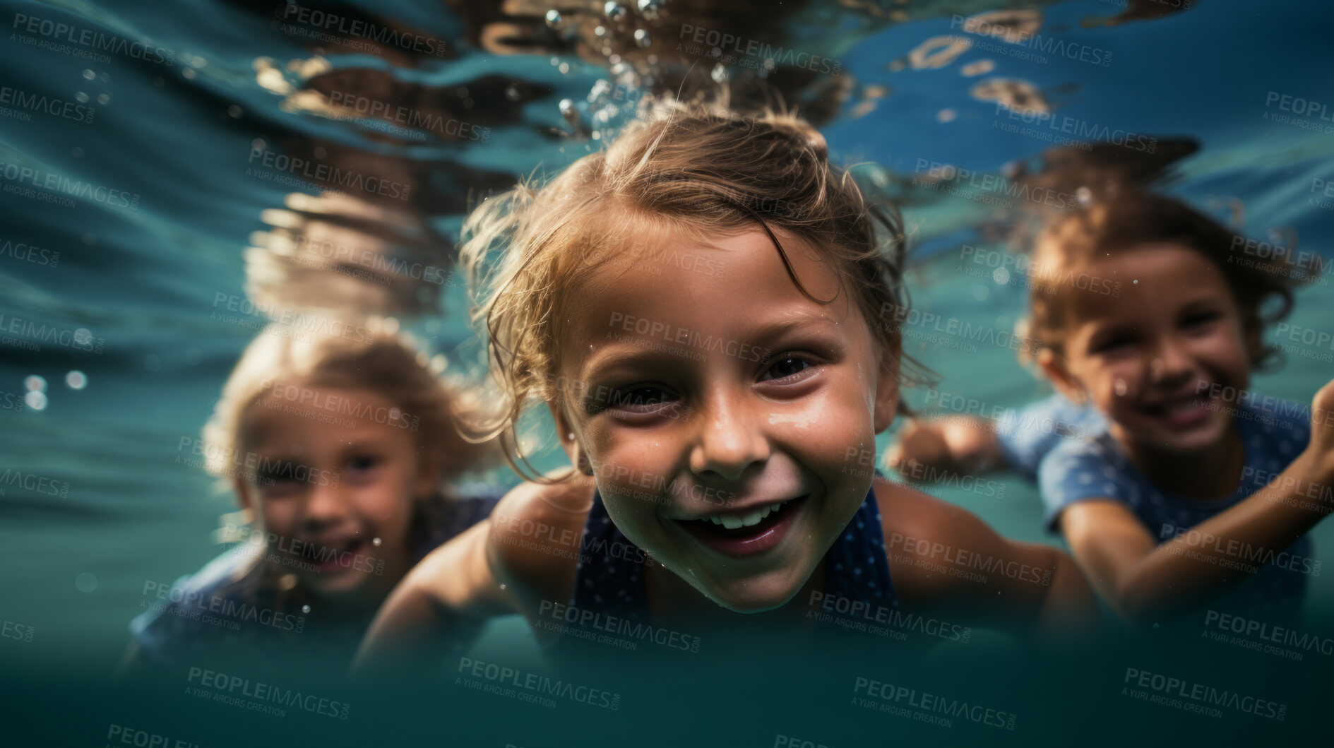 Buy stock photo Group of diverse kids in swimming pool. Safe holiday fun activity