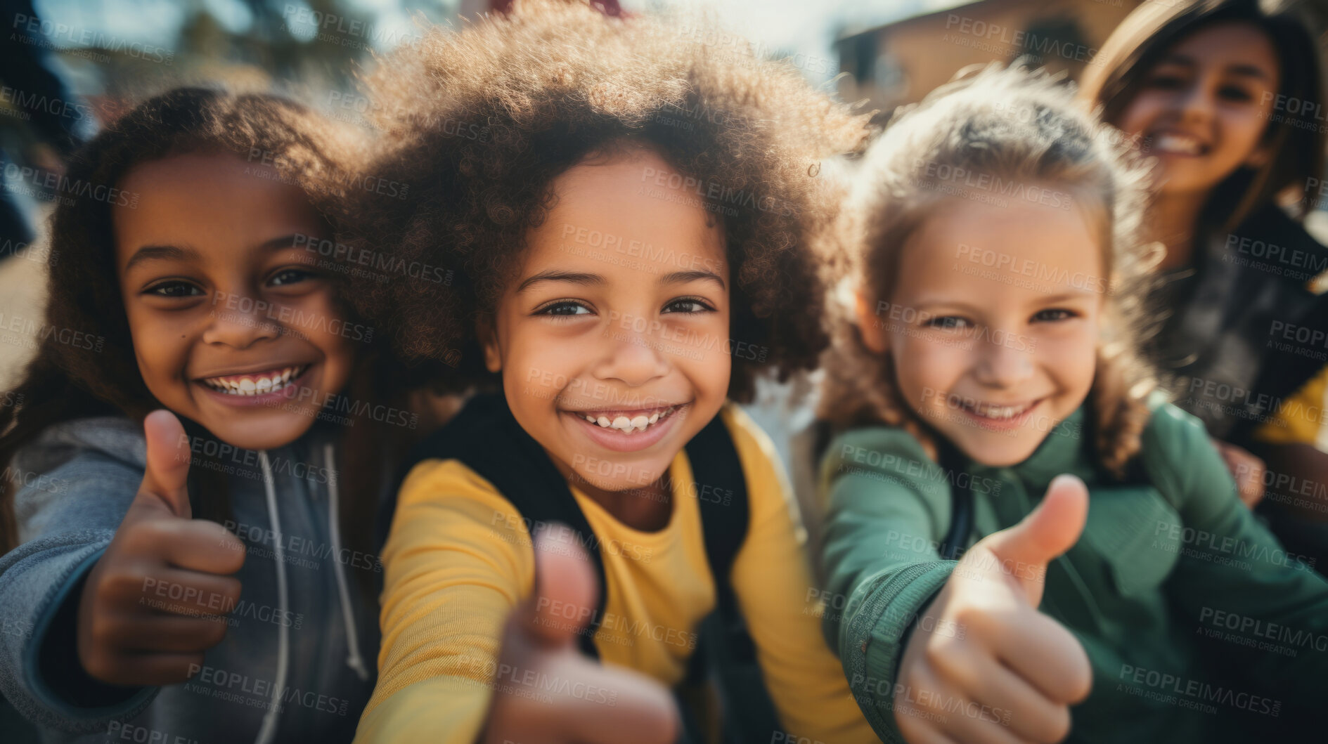 Buy stock photo Group of kids showing thumbs up. Happy, healthy and positive children