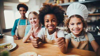 Group of diverse kids in kitchen. Positive happy baking and cooking education
