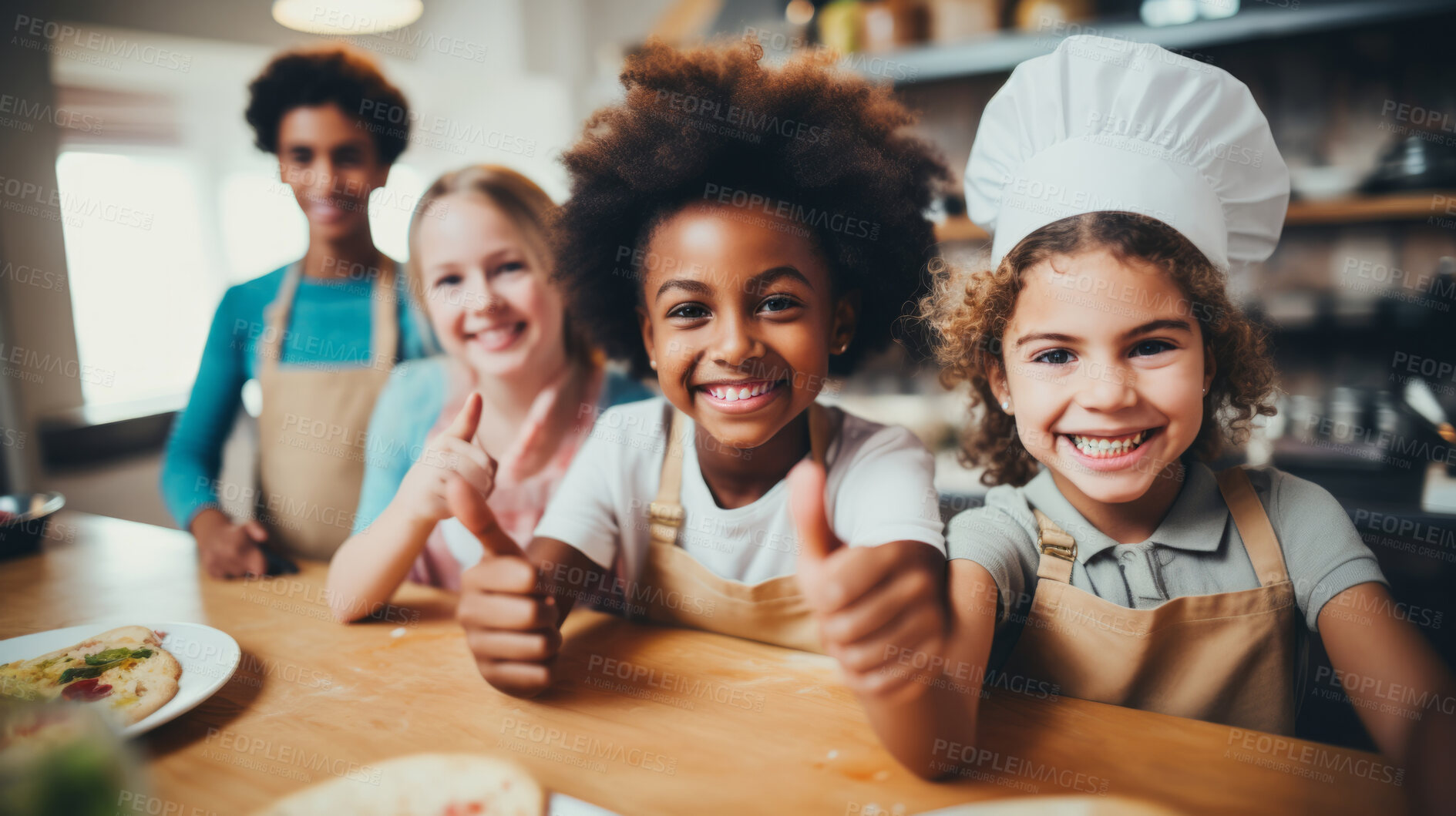 Buy stock photo Group of diverse kids in kitchen. Positive happy baking and cooking education