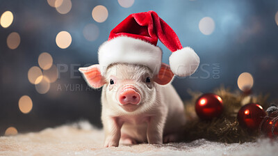 Piglet in Christmas hat. Cute pet present idea. Surprise gift