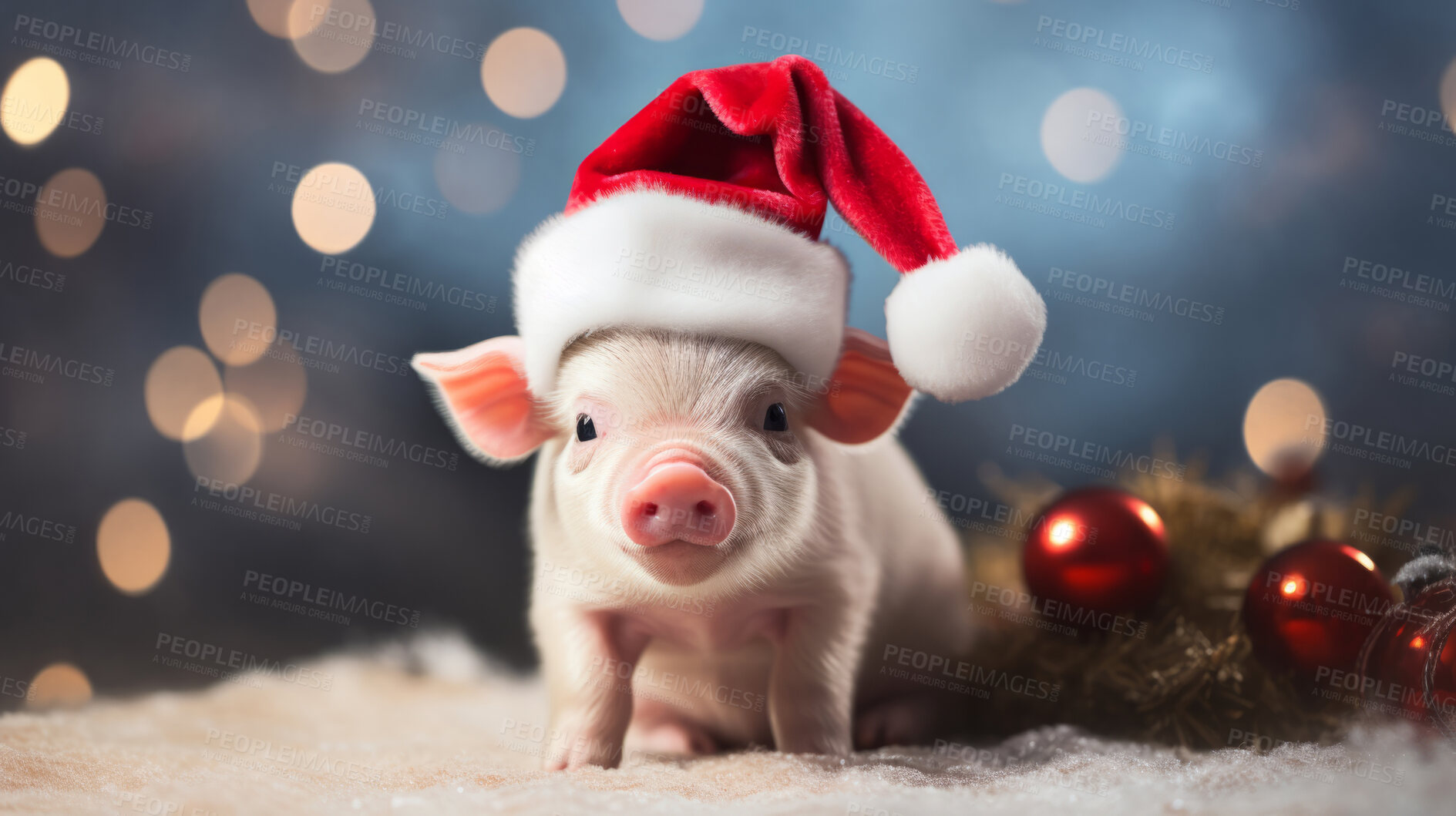 Buy stock photo Piglet in Christmas hat. Cute pet present idea. Surprise gift