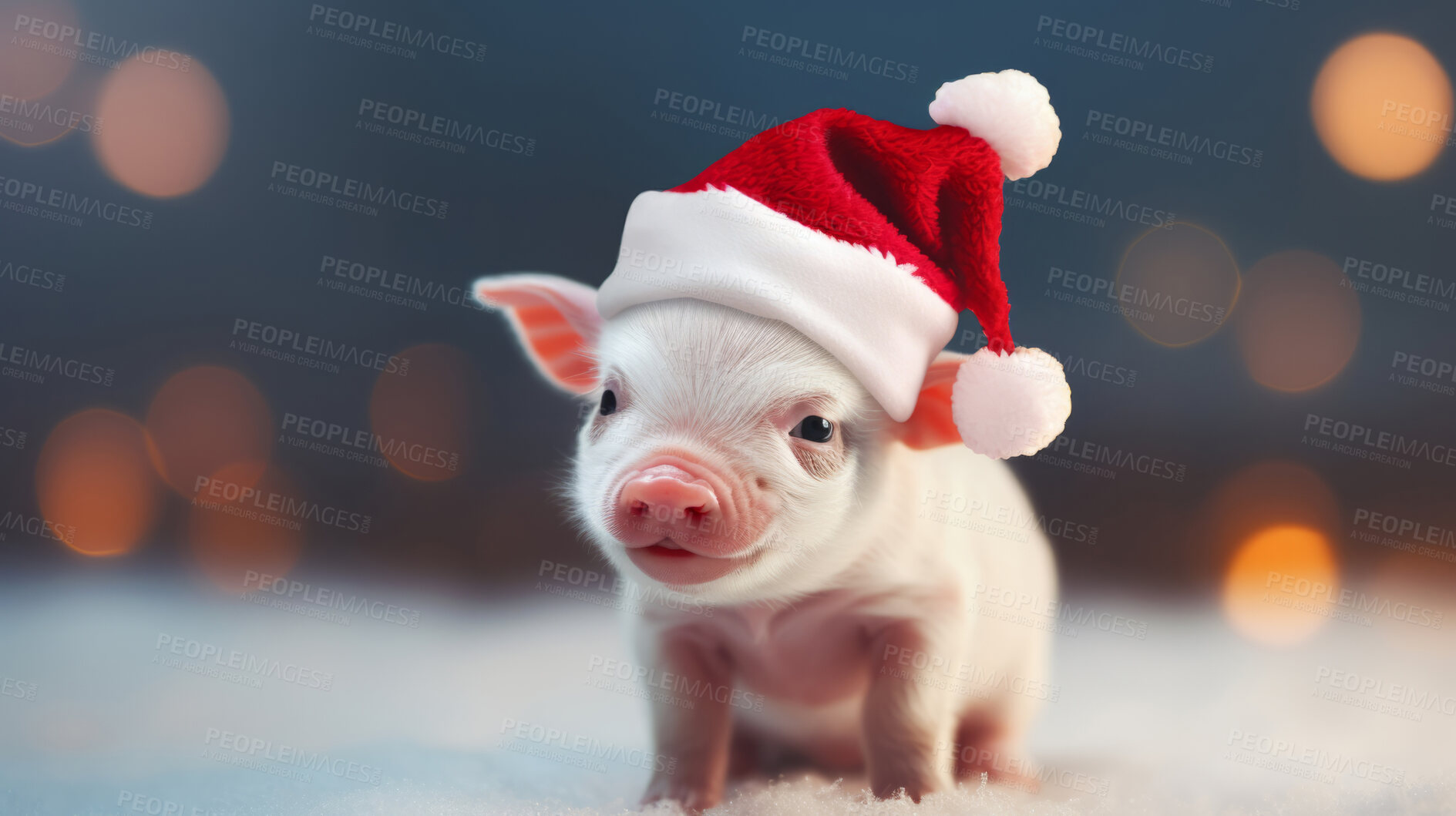 Buy stock photo Piglet in Christmas hat. Cute pet present idea. Surprise gift