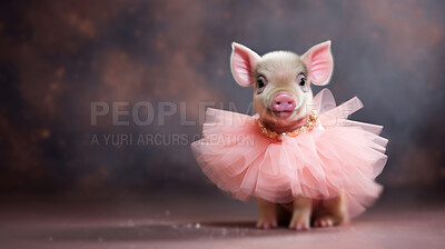 Buy stock photo Piglet in pink tutu dress. Cute pet in studio. Birthday gift idea