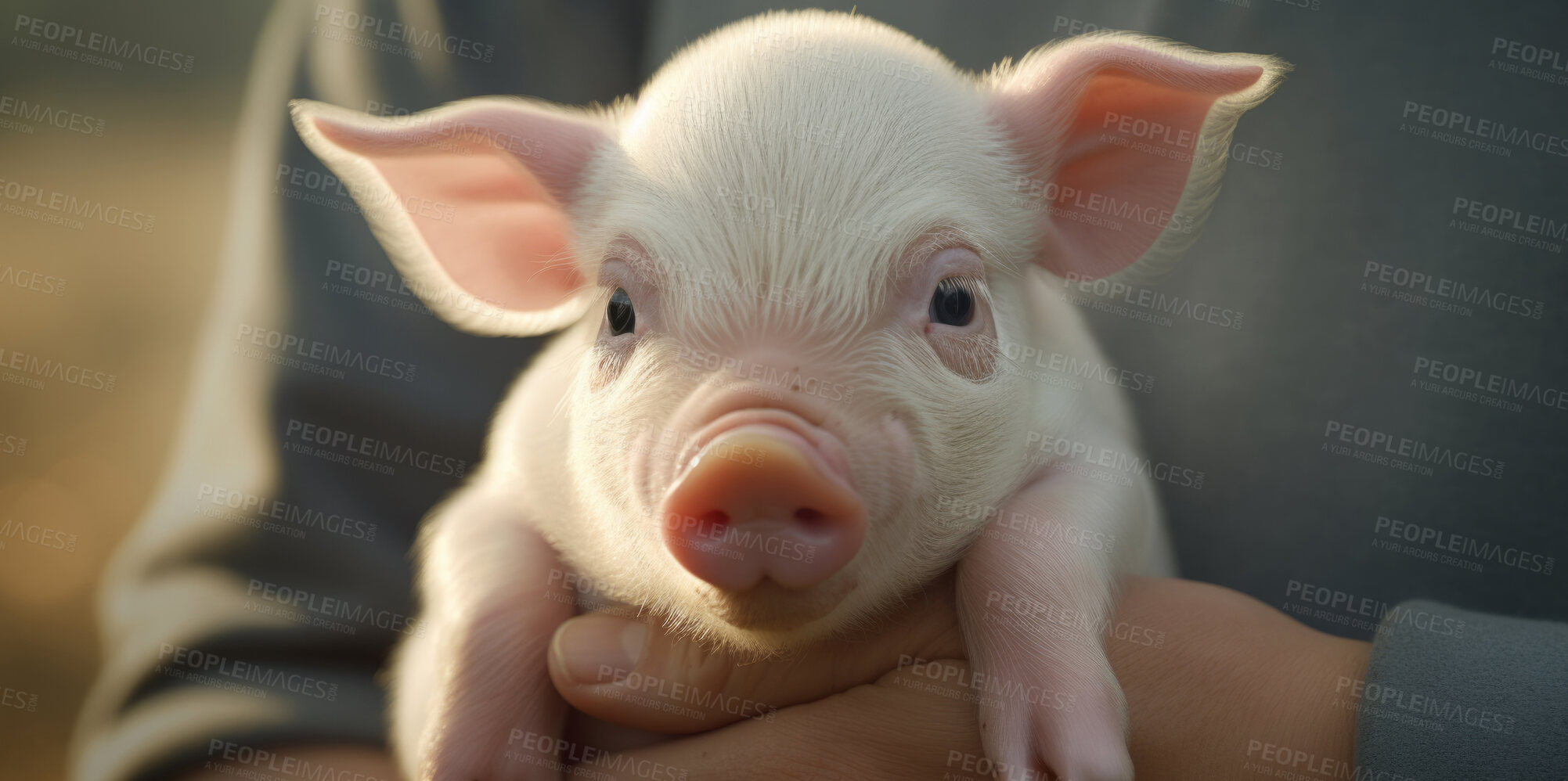 Buy stock photo Piglet in owner's arms. Livestock pork breeding business.