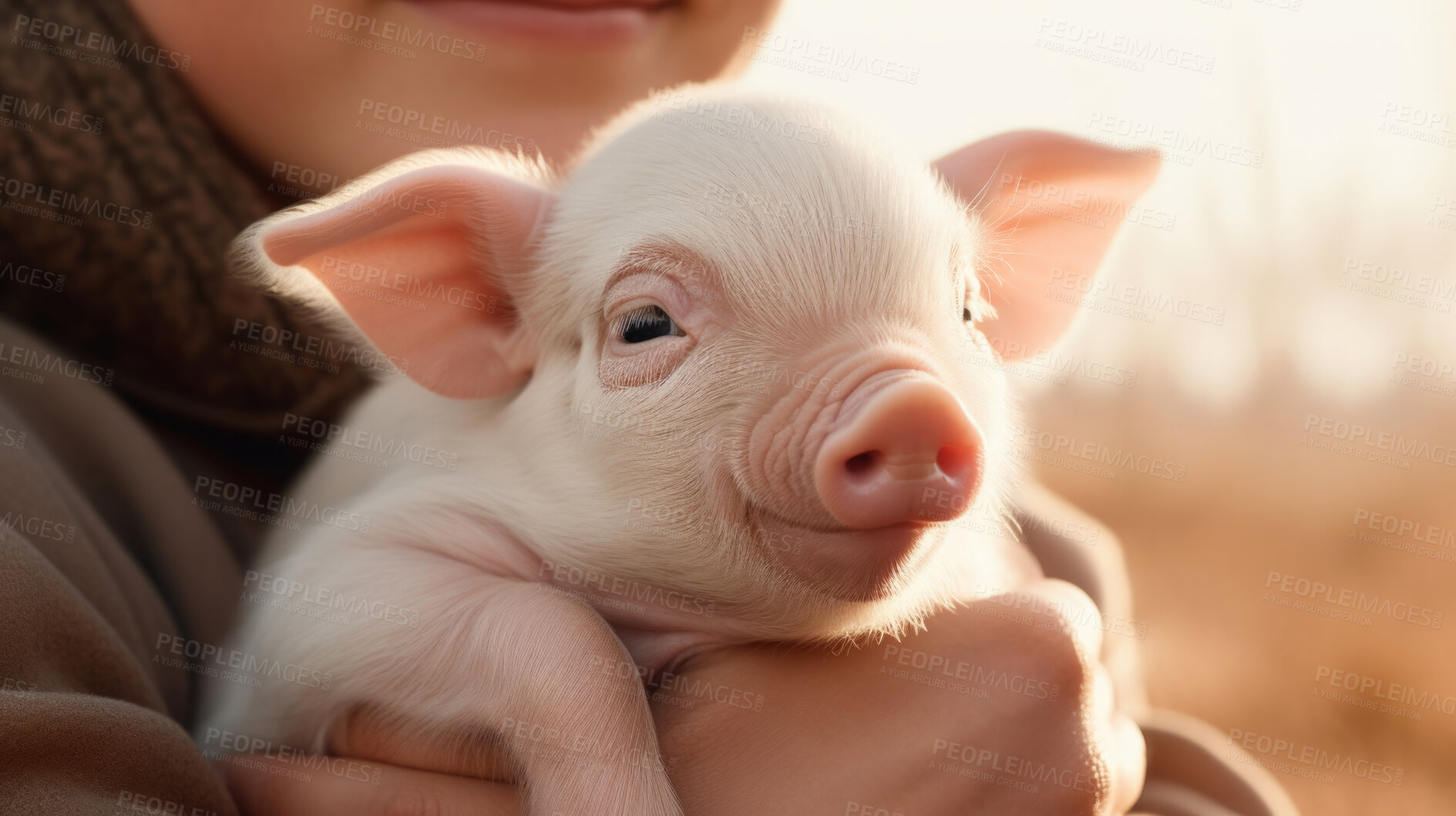 Buy stock photo Piglet in owner's arms. Livestock pork breeding business.