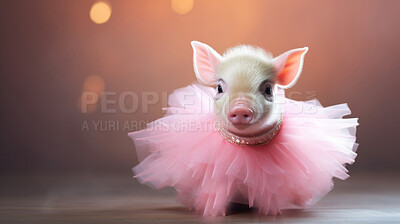 Piglet in pink tutu dress. Cute pet in studio. Birthday gift idea