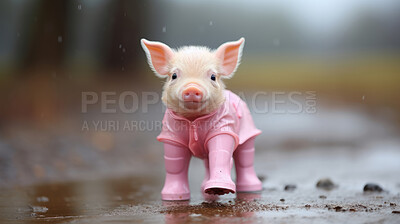 Piglet in raincoat and boots. Prepared for a rainy day, cover and protection concept