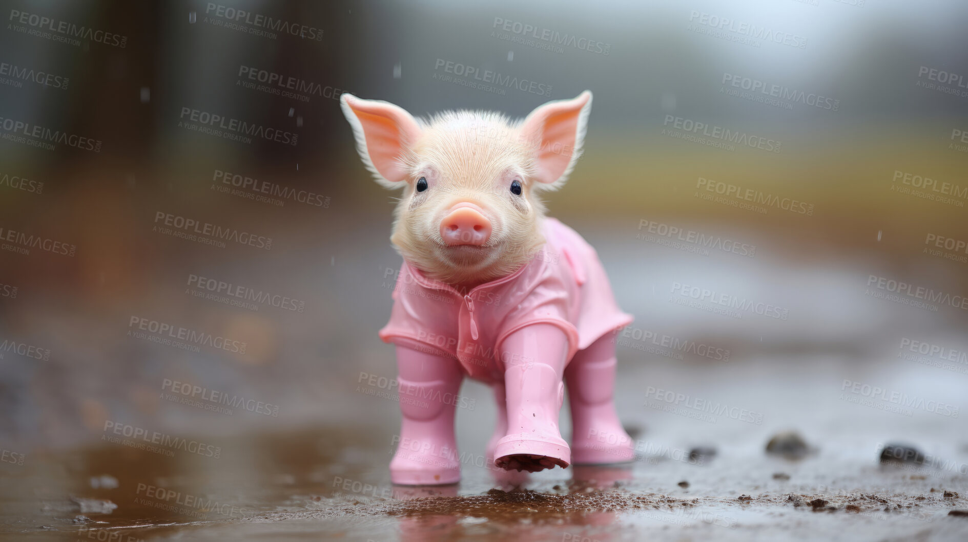 Buy stock photo Piglet in raincoat and boots. Prepared for a rainy day, cover and protection concept