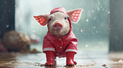 Piglet in raincoat and boots. Prepared for a rainy day, cover and protection concept